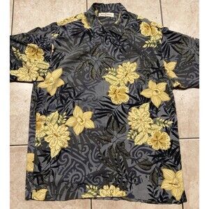 Tommy Bahama Shirt Mens Medium 100% Silk Camp Tropical Black Floral Loop Collar